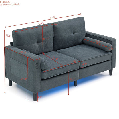 Grey Linen Loveseat Sofa with LED Lights and USB Ports