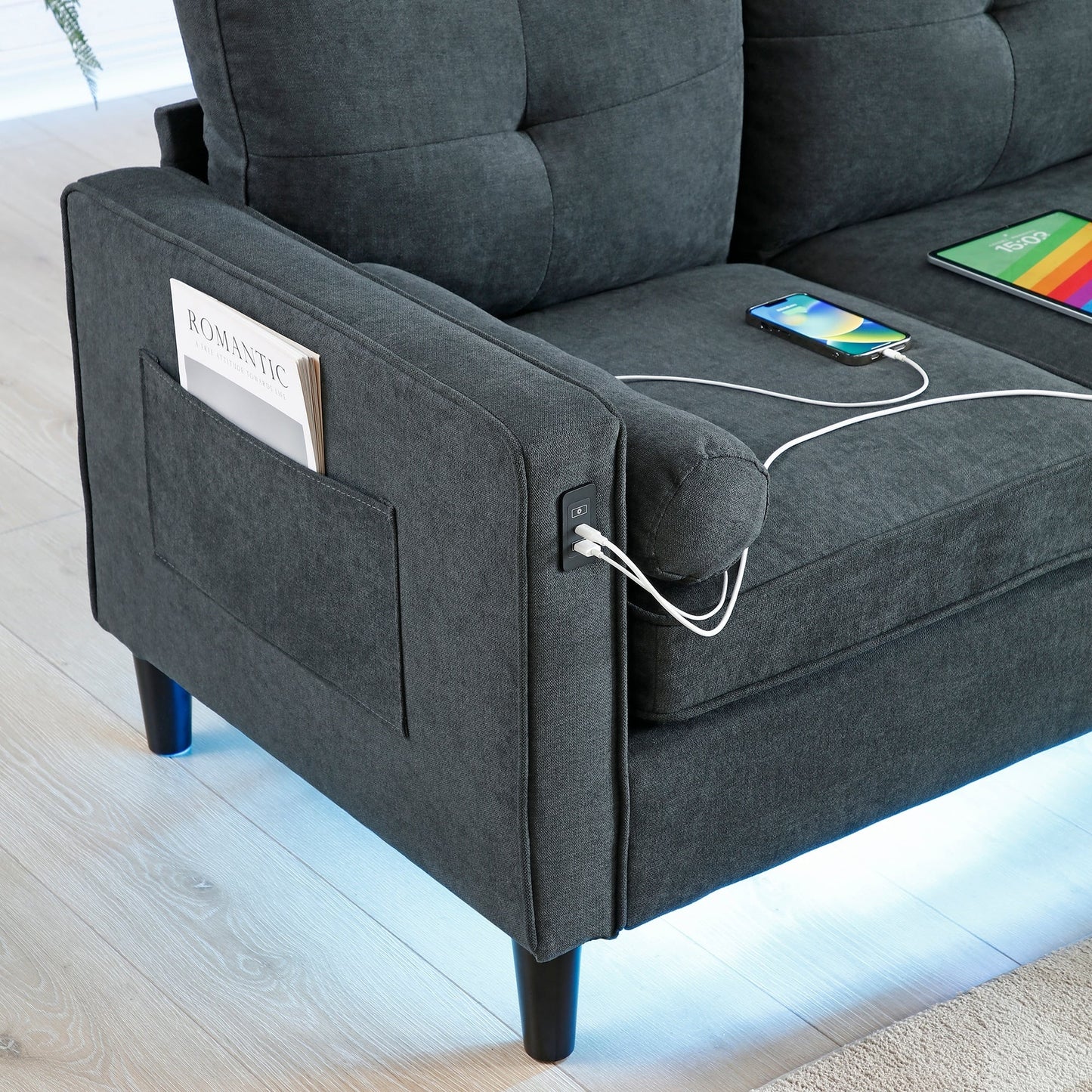 Grey Linen Loveseat Sofa with LED Lights and USB Ports