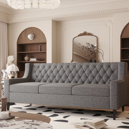 Grey Mid Century Modern 78.75 Polyester 3-seater Sofa with Button Tufted Backrest and Comfy Cushion for Living Room