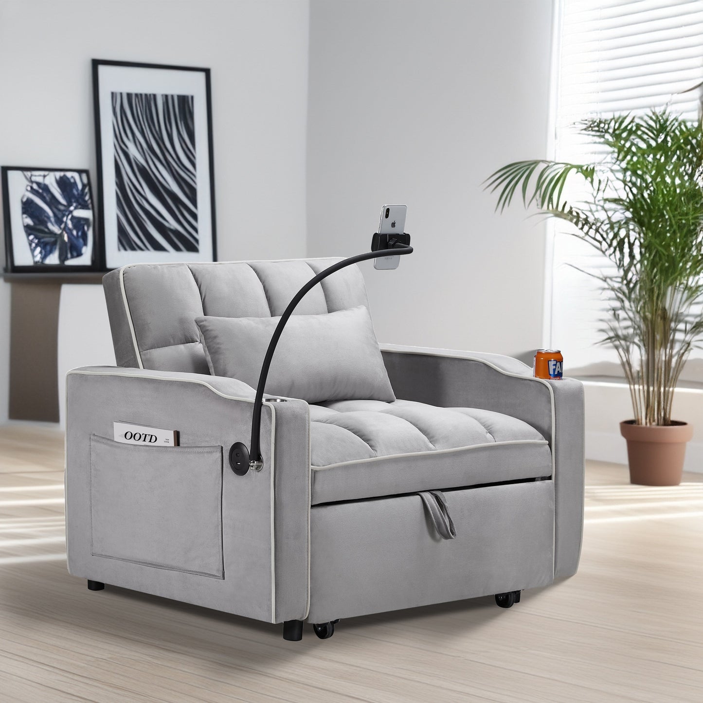 Grey Modern 35.83 3 in 1 Velvet Single Convertible Sofa Bed with Adjustable Back and USB Charging Port for Living Room
