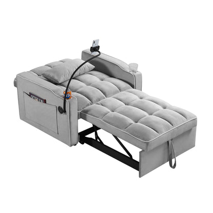 Grey Modern 35.83 3 in 1 Velvet Single Convertible Sofa Bed with Adjustable Back and USB Charging Port for Living Room