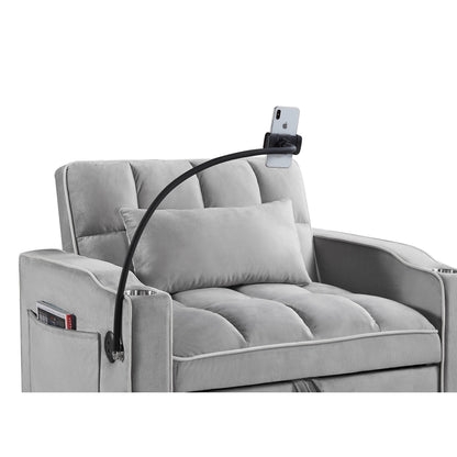 Grey Modern 35.83 3 in 1 Velvet Single Convertible Sofa Bed with Adjustable Back and USB Charging Port for Living Room