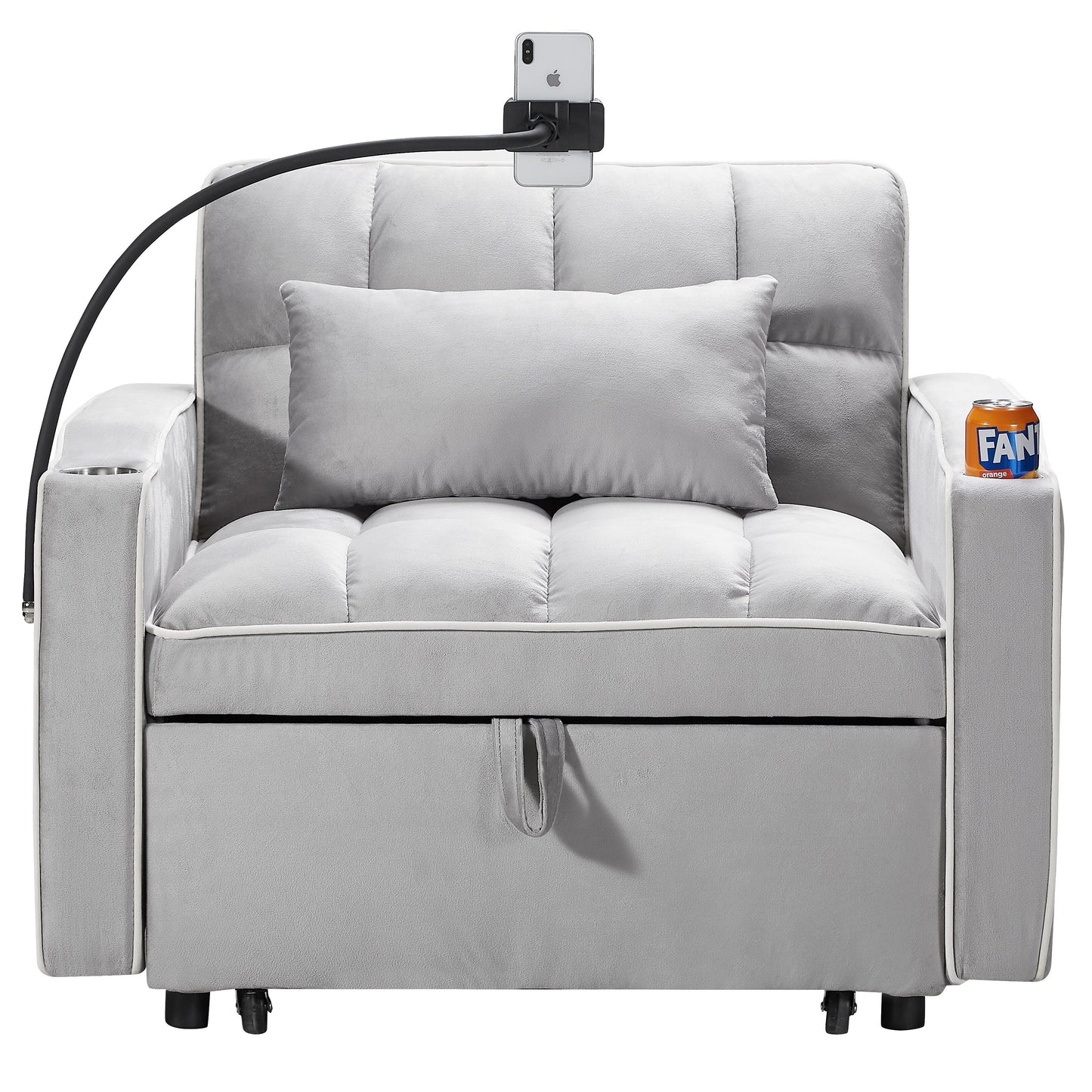 Grey Modern 35.83 3 in 1 Velvet Single Convertible Sofa Bed with Adjustable Back and USB Charging Port for Living Room
