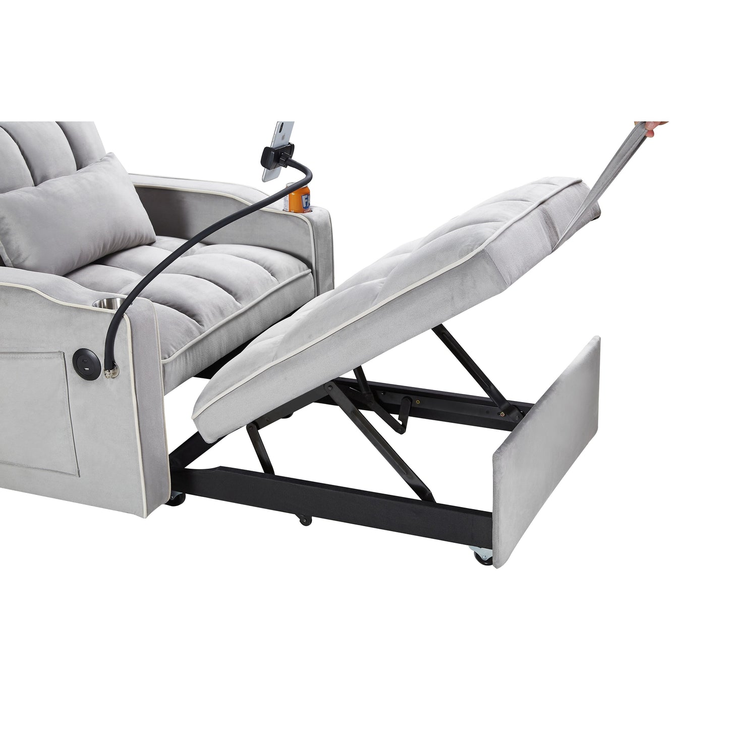 Grey Modern 35.83 3 in 1 Velvet Single Convertible Sofa Bed with Adjustable Back and USB Charging Port for Living Room