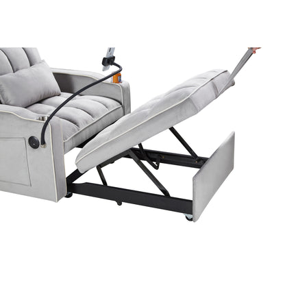 Grey Modern 35.83 3 in 1 Velvet Single Convertible Sofa Bed with Adjustable Back and USB Charging Port for Living Room