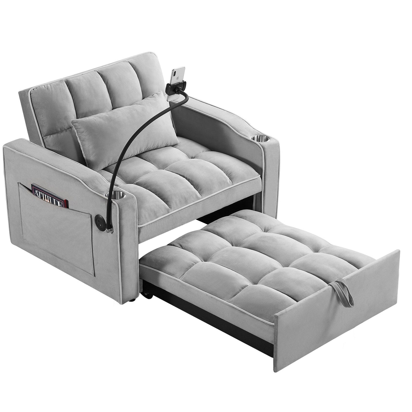 Grey Modern 35.83 3 in 1 Velvet Single Convertible Sofa Bed with Adjustable Back and USB Charging Port for Living Room