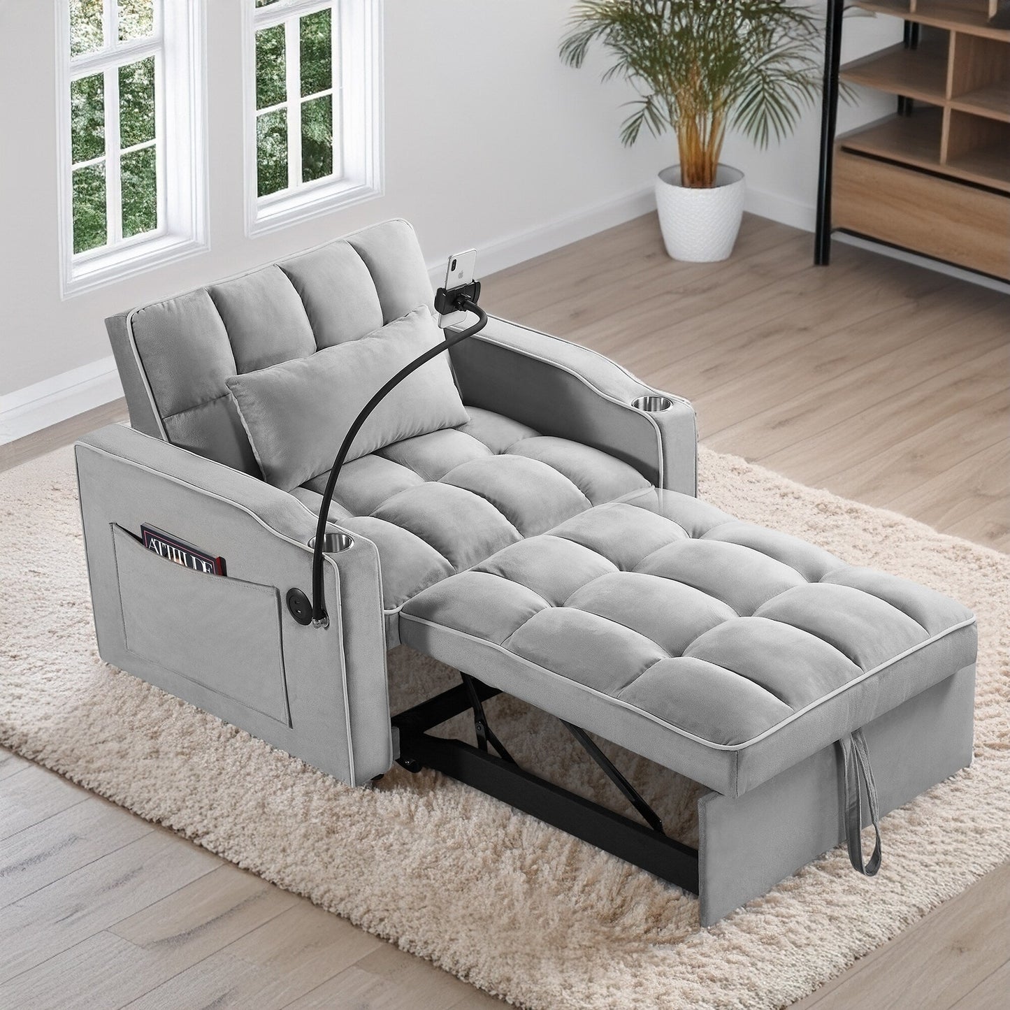 Grey Modern 35.83 3 in 1 Velvet Single Convertible Sofa Bed with Adjustable Back and USB Charging Port for Living Room