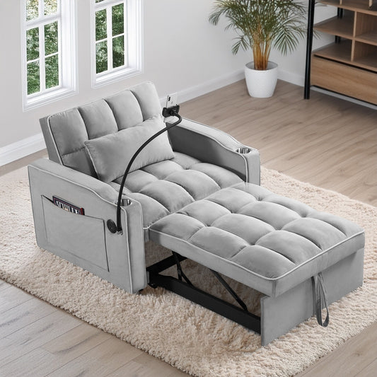 Grey Modern 35.83 3 in 1 Velvet Single Convertible Sofa Bed with Adjustable Back and USB Charging Port for Living Room