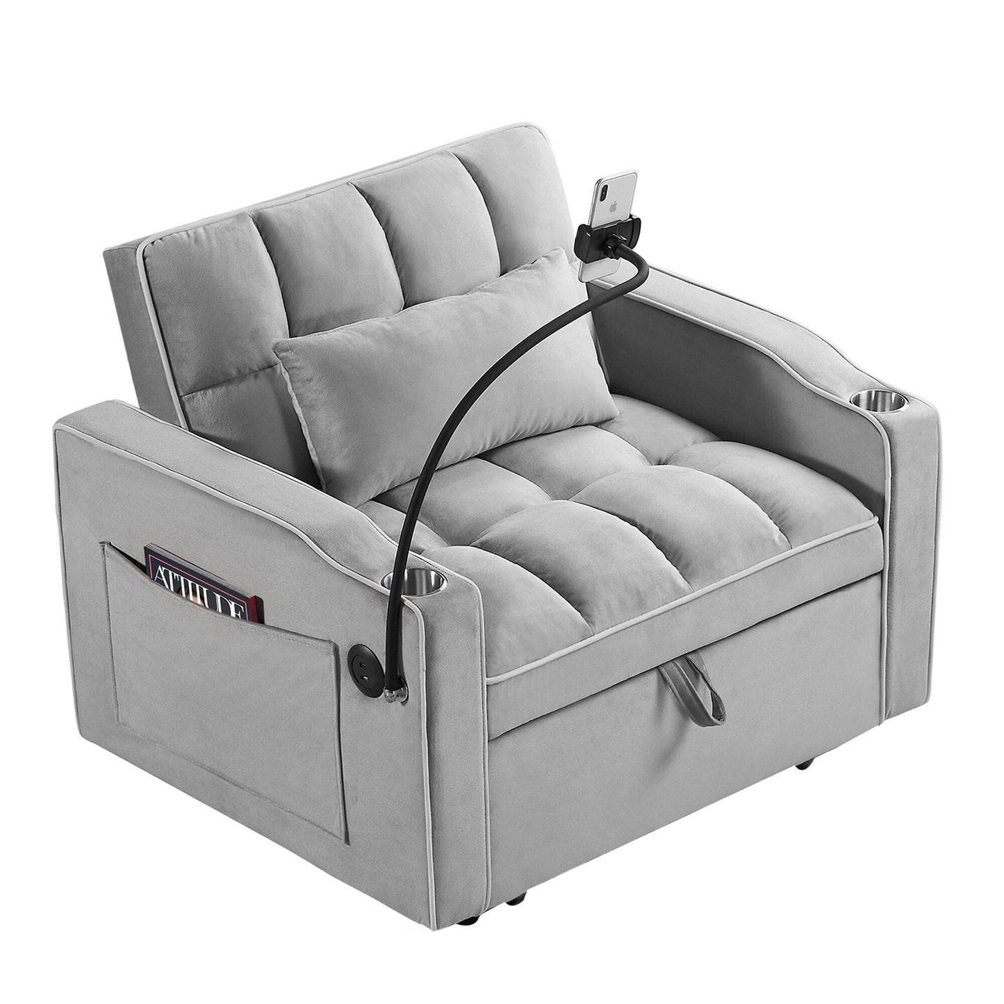 Grey Modern 35.83 3 in 1 Velvet Single Convertible Sofa Bed with Adjustable Back and USB Charging Port for Living Room