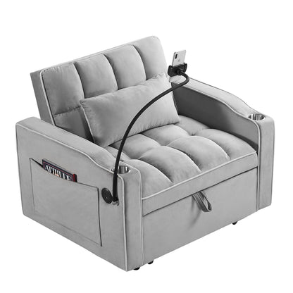 Grey Modern 35.83 3 in 1 Velvet Single Convertible Sofa Bed with Adjustable Back and USB Charging Port for Living Room