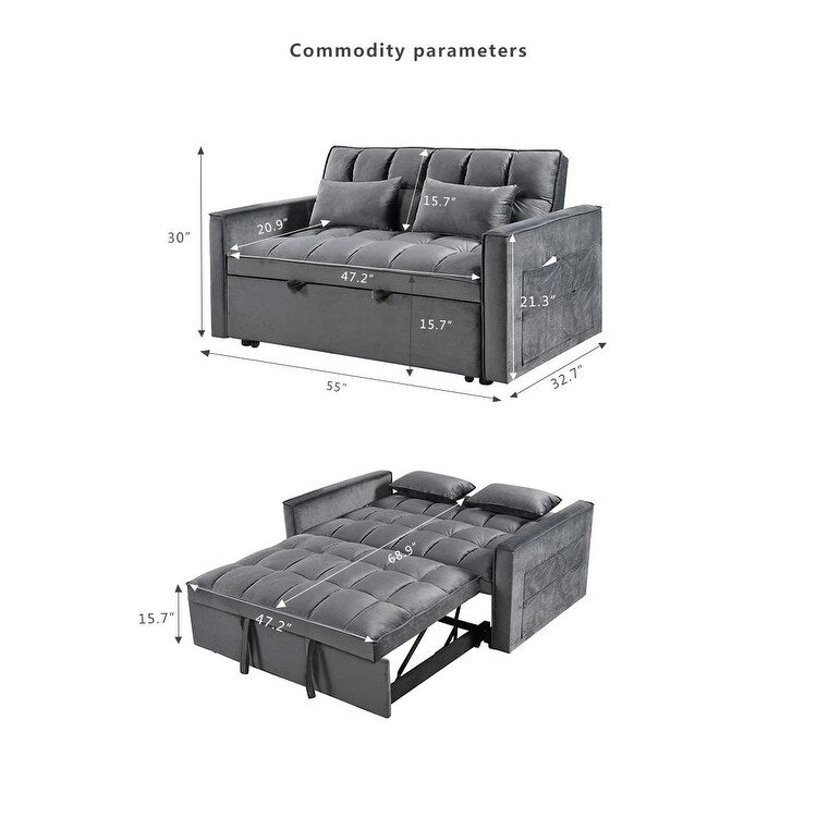 Grey Modern 55.12 3 in 1 Flannel Loveseat Convertible Sofa Bed with Adjustable Backrest and Storage Space for Living Room