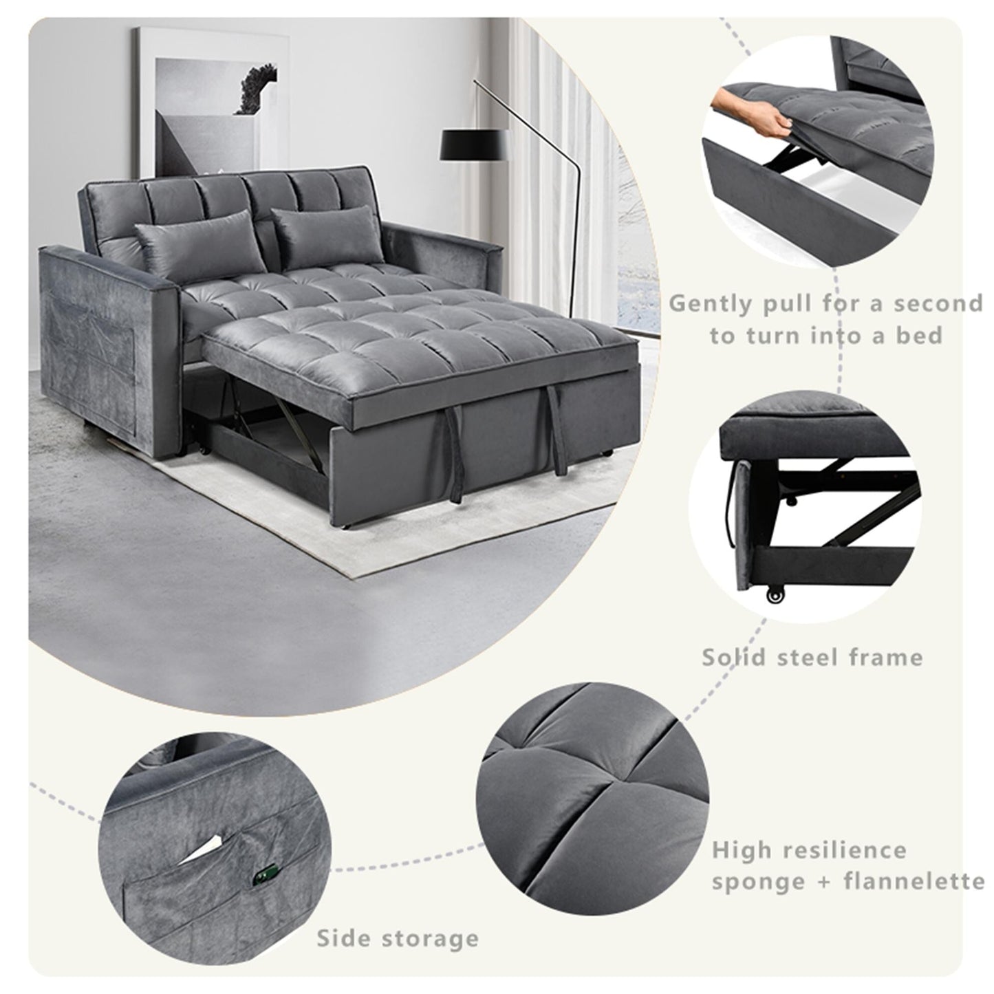 Grey Modern 55.12 3 in 1 Flannel Loveseat Convertible Sofa Bed with Adjustable Backrest and Storage Space for Living Room