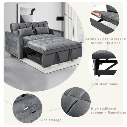 Grey Modern 55.12 3 in 1 Flannel Loveseat Convertible Sofa Bed with Adjustable Backrest and Storage Space for Living Room