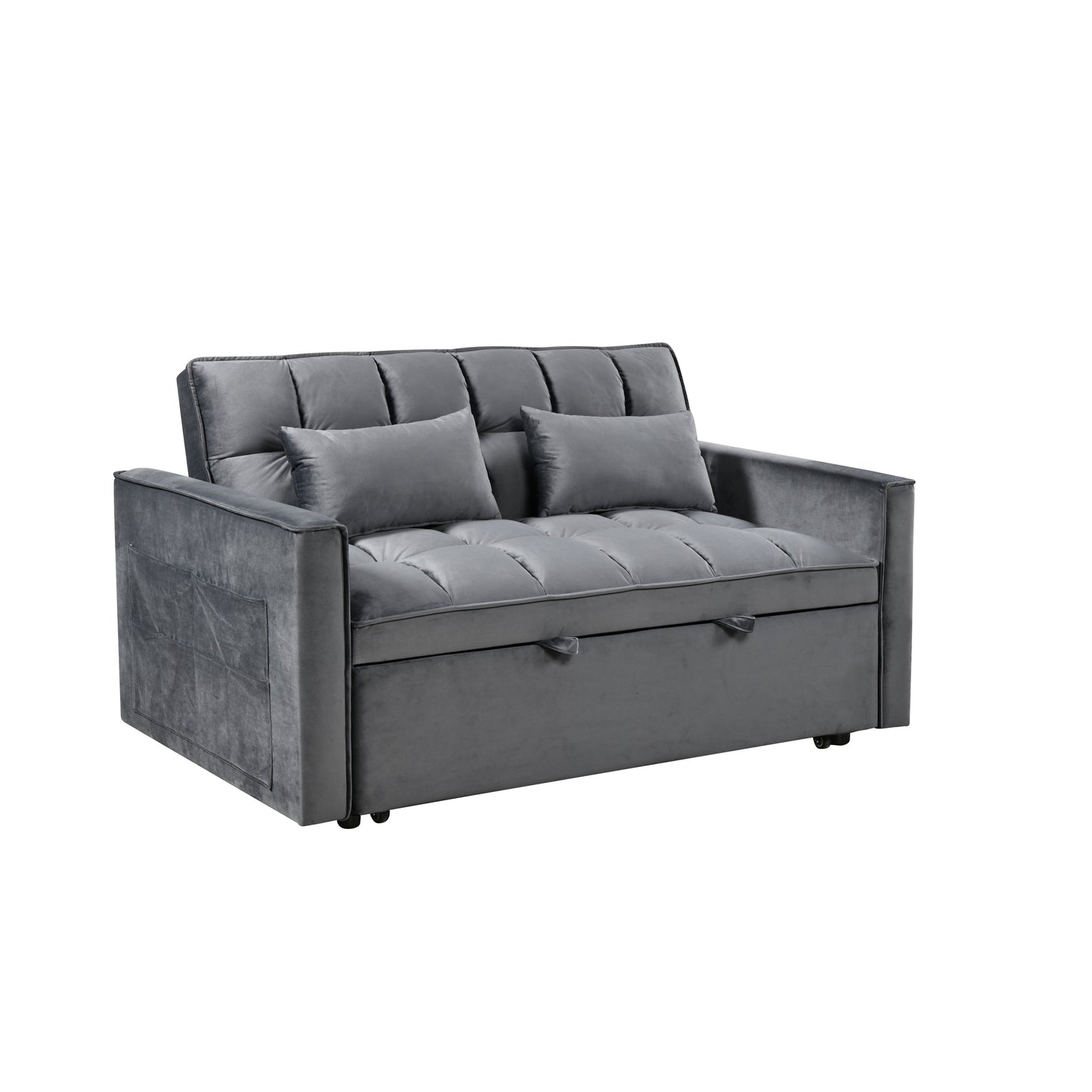 Grey Modern 55.12 3 in 1 Flannel Loveseat Convertible Sofa Bed with Adjustable Backrest and Storage Space for Living Room