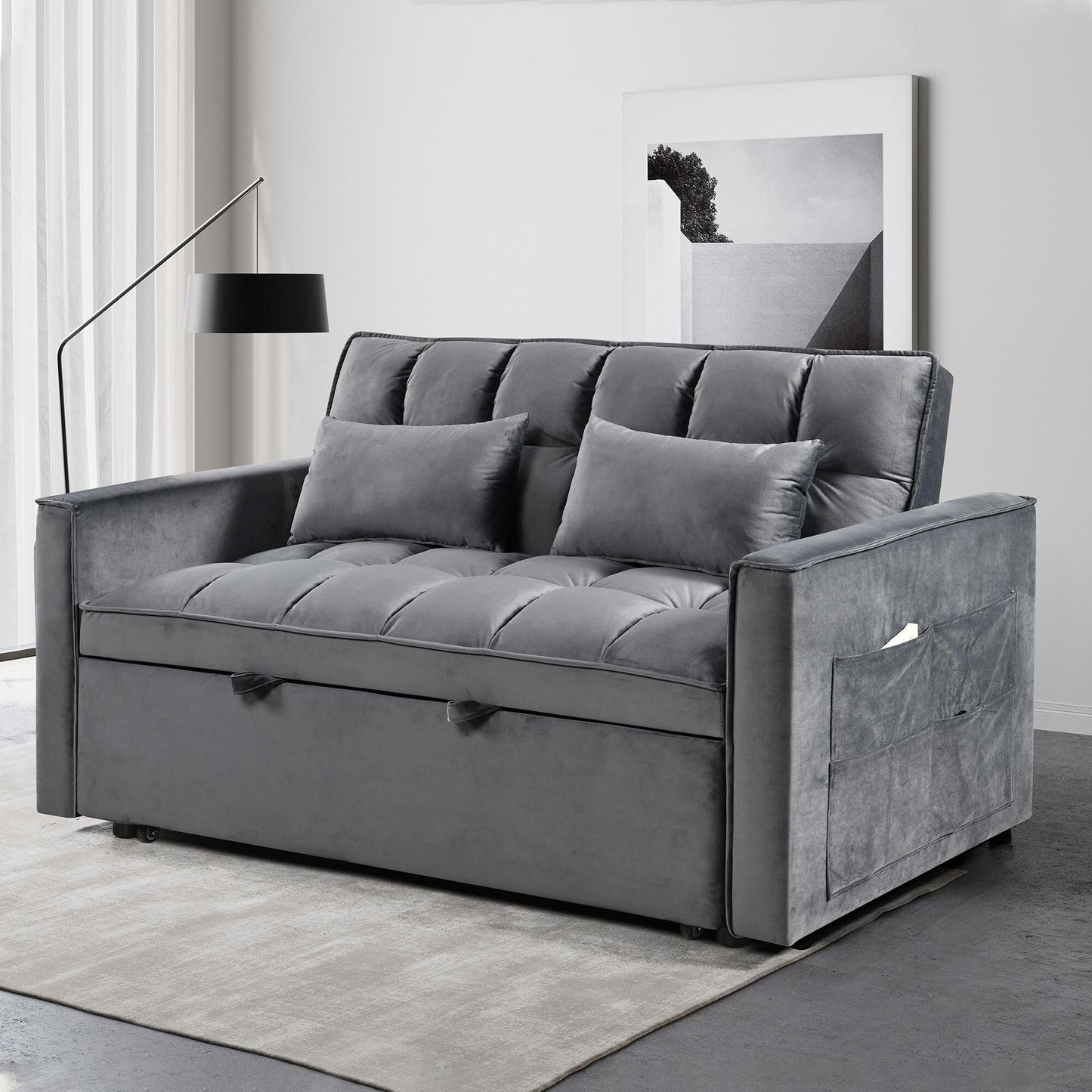 Grey Modern 55.12 3 in 1 Flannel Loveseat Convertible Sofa Bed with Adjustable Backrest and Storage Space for Living Room