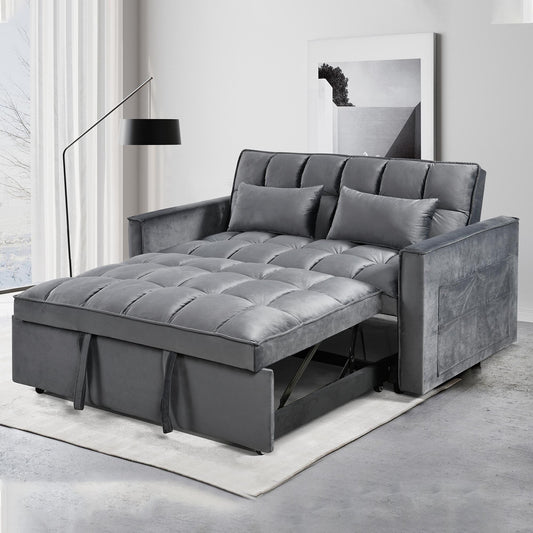 Grey Modern 55.12 3 in 1 Flannel Loveseat Convertible Sofa Bed with Adjustable Backrest and Storage Space for Living Room