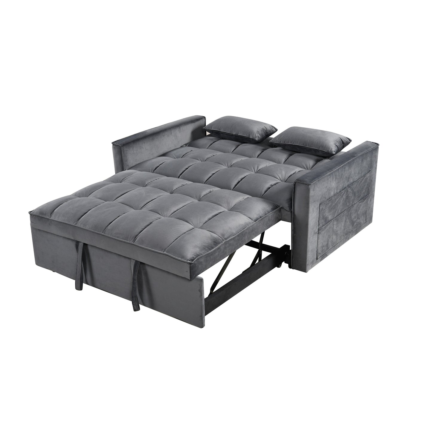 Grey Modern 55.12 3 in 1 Flannel Loveseat Convertible Sofa Bed with Adjustable Backrest and Storage Space for Living Room