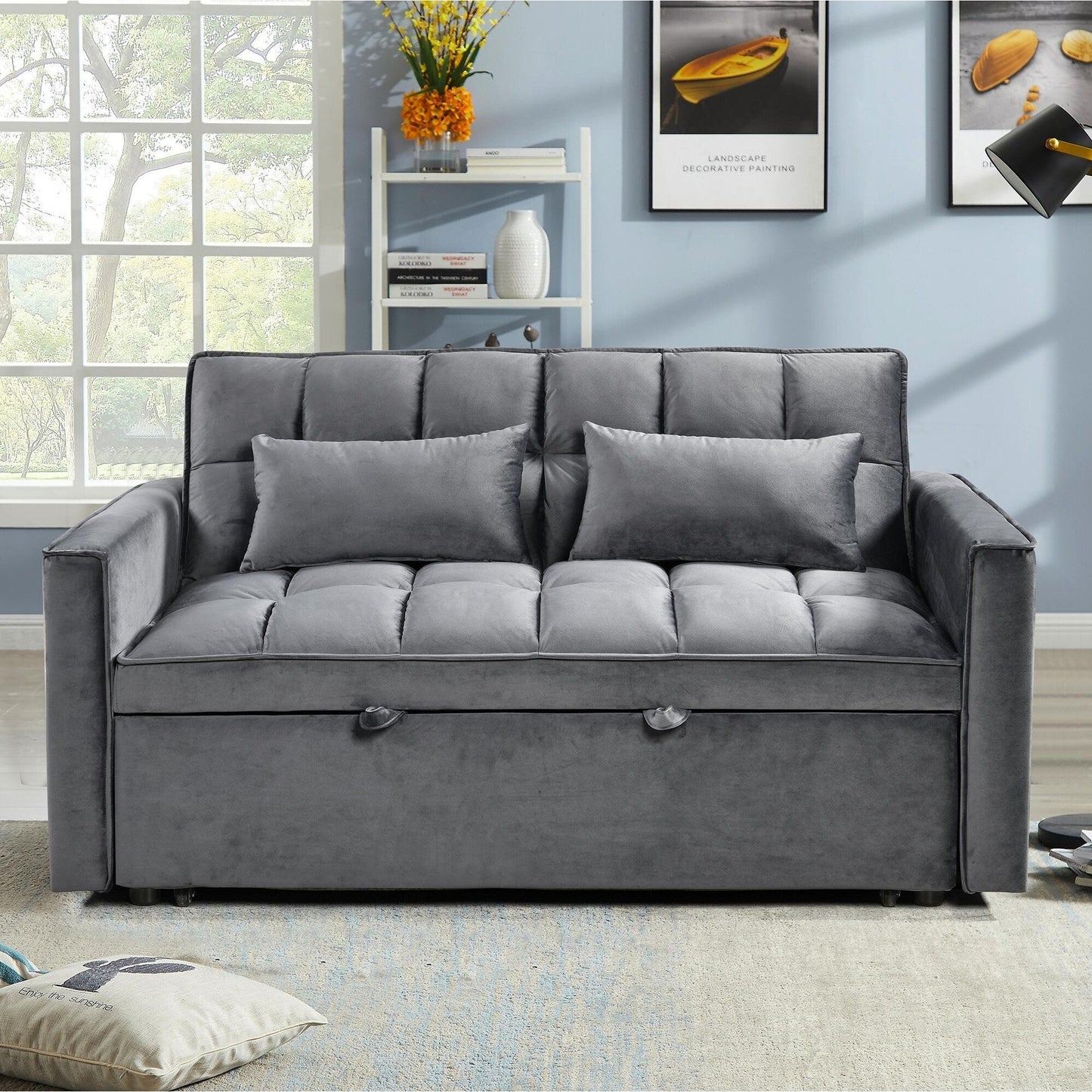 Grey Modern 55.12 3 in 1 Flannel Loveseat Convertible Sofa Bed with Adjustable Backrest and Storage Space for Living Room