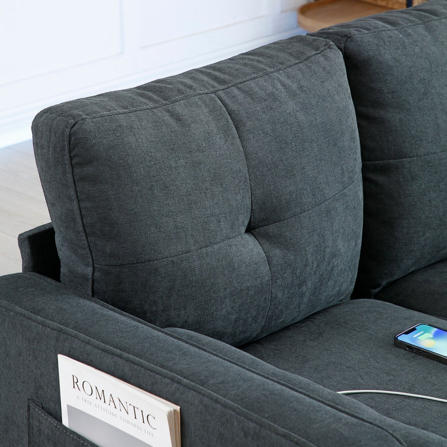 Grey Modern 57.87 Linen Loveseat Sofa with LED Lights and 2 USB Ports for Living Room