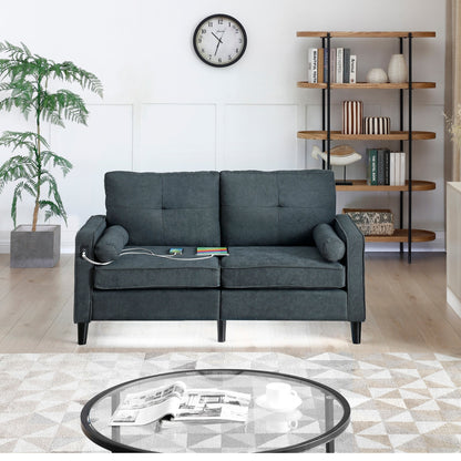 Grey Modern 57.87 Linen Loveseat Sofa with LED Lights and 2 USB Ports for Living Room