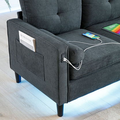 Grey Modern 57.87 Linen Loveseat Sofa with LED Lights and 2 USB Ports for Living Room