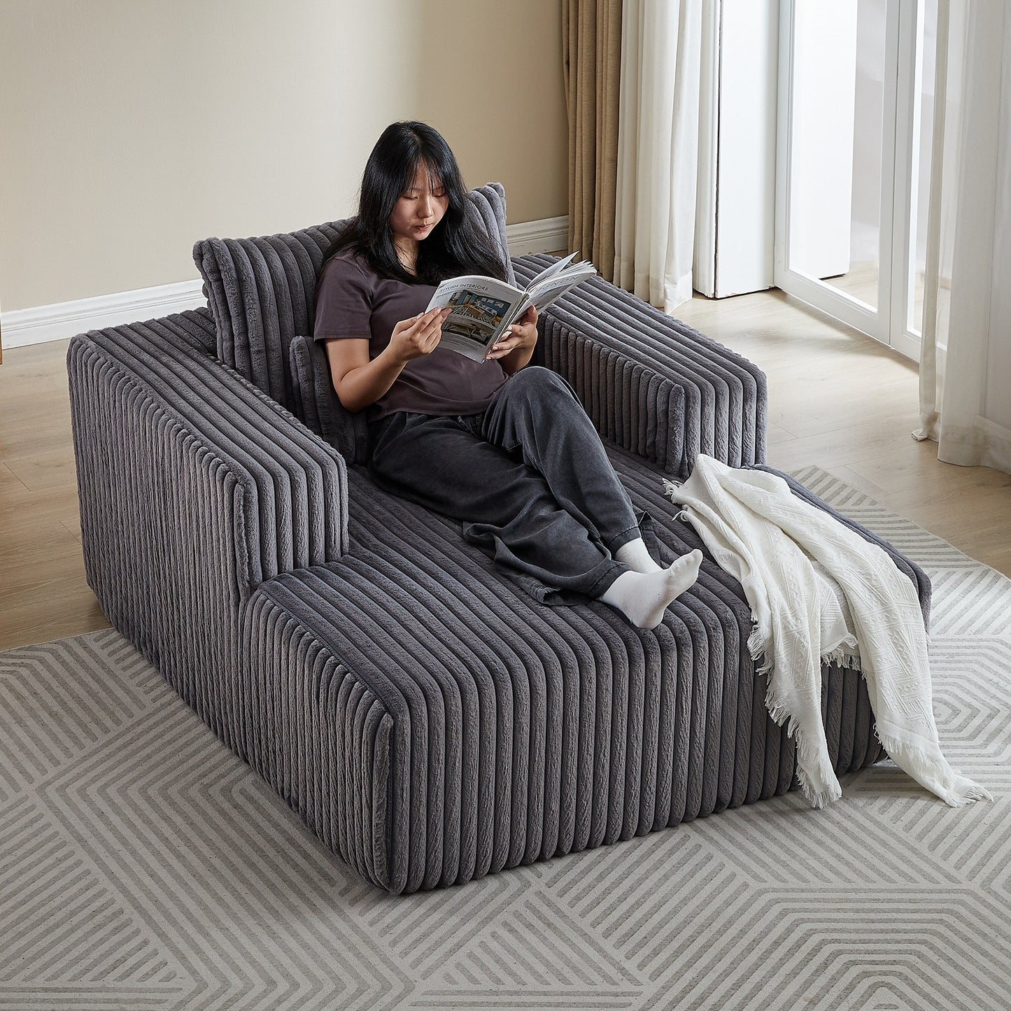 Grey Modern 62.5 Corduroy Sponge Sofa Lounge Chair with 2 Pillows for Living Room