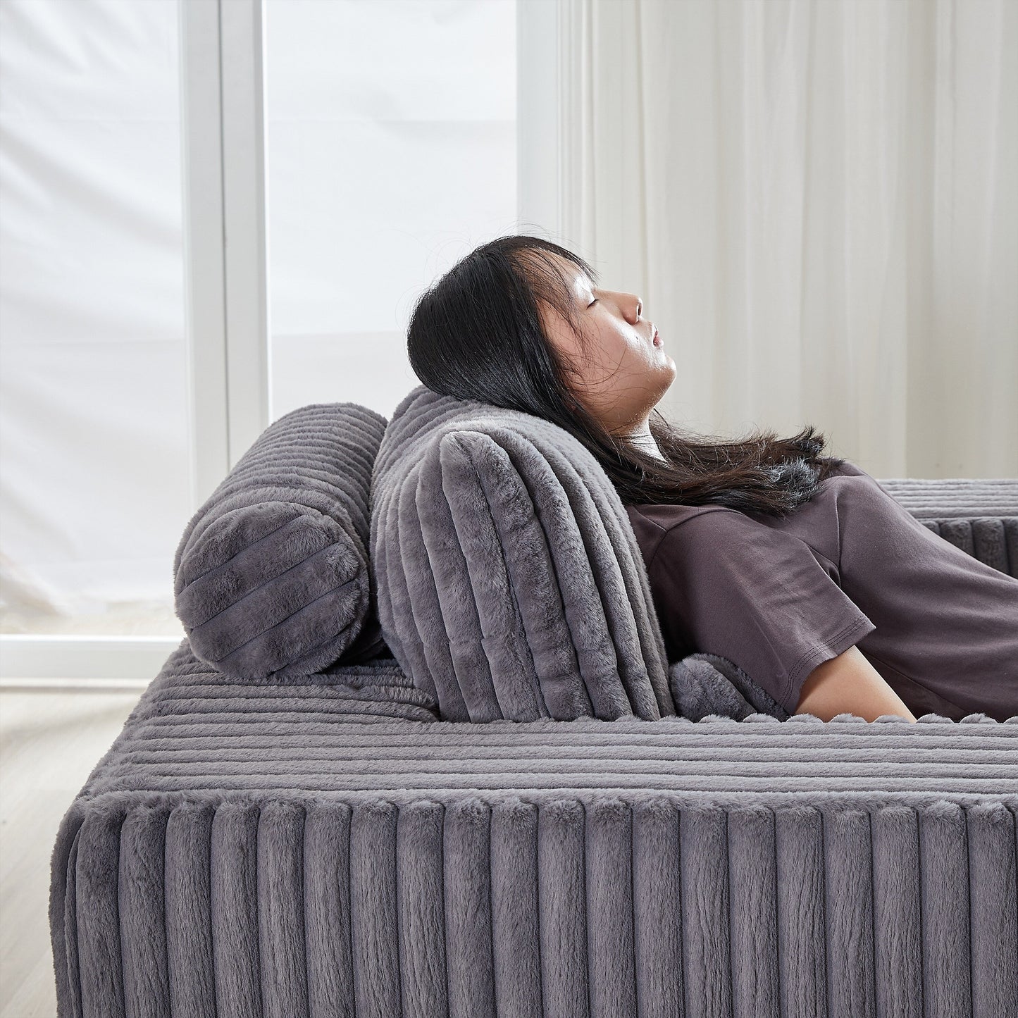 Grey Modern 62.5 Corduroy Sponge Sofa Lounge Chair with 2 Pillows for Living Room