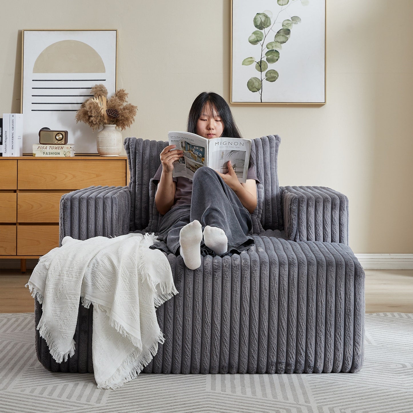 Grey Modern 62.5 Corduroy Sponge Sofa Lounge Chair with 2 Pillows for Living Room