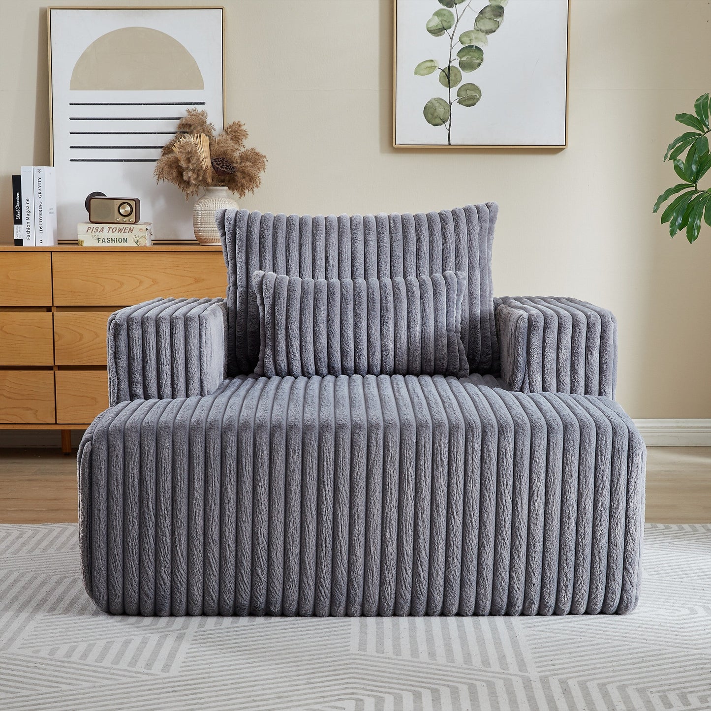 Grey Modern 62.5 Corduroy Sponge Sofa Lounge Chair with 2 Pillows for Living Room