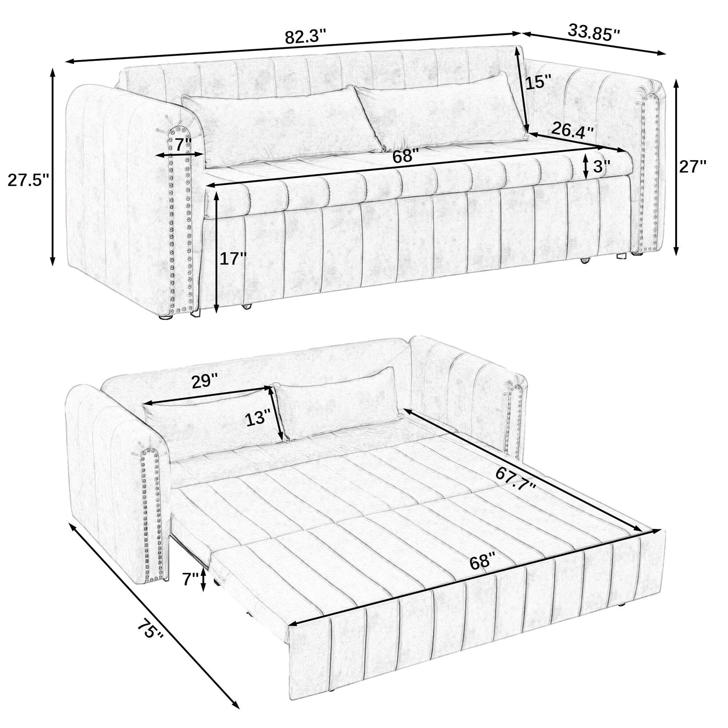 Grey Modern 68 Foam 3 in 1 Pull-Out 3-seaters Bed Sleeper Sofa with Copper Nails and Two Drawers