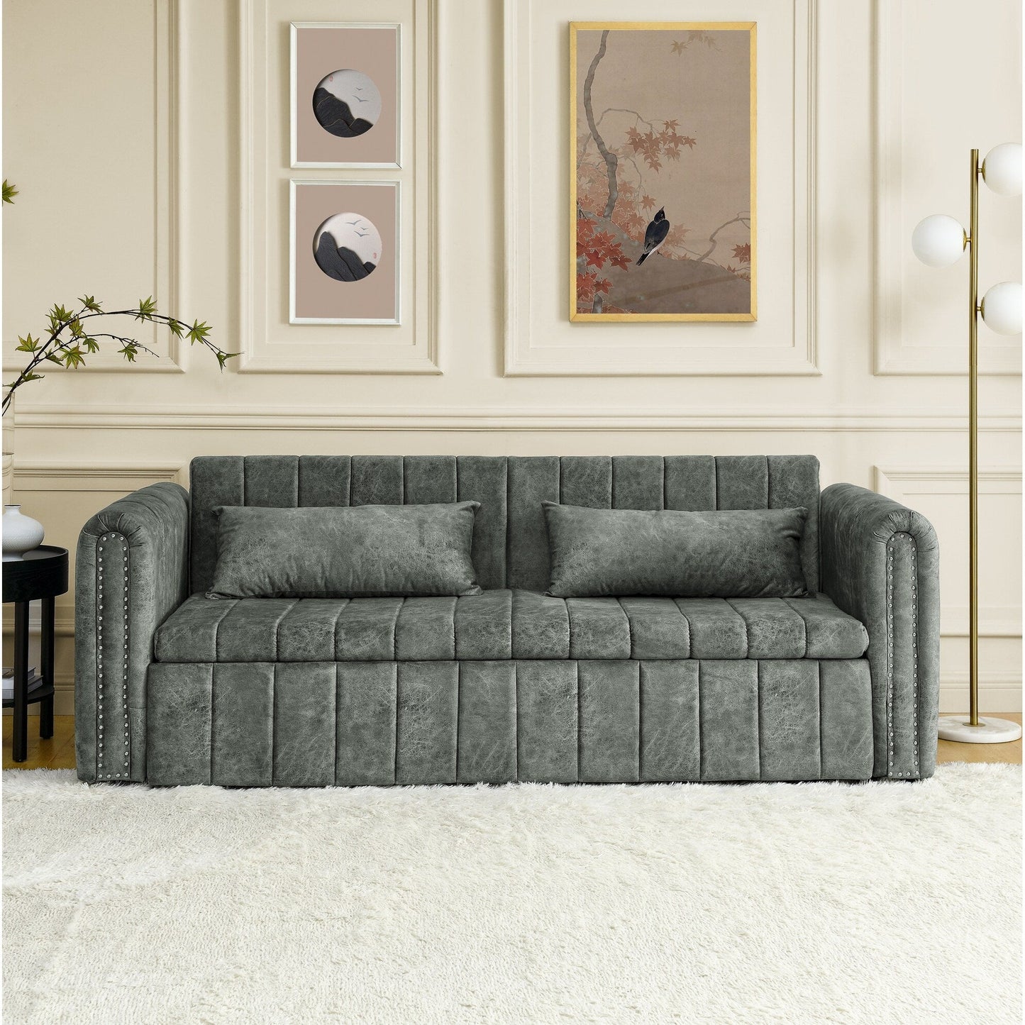 Grey Modern 68 Foam 3 in 1 Pull-Out 3-seaters Bed Sleeper Sofa with Copper Nails and Two Drawers