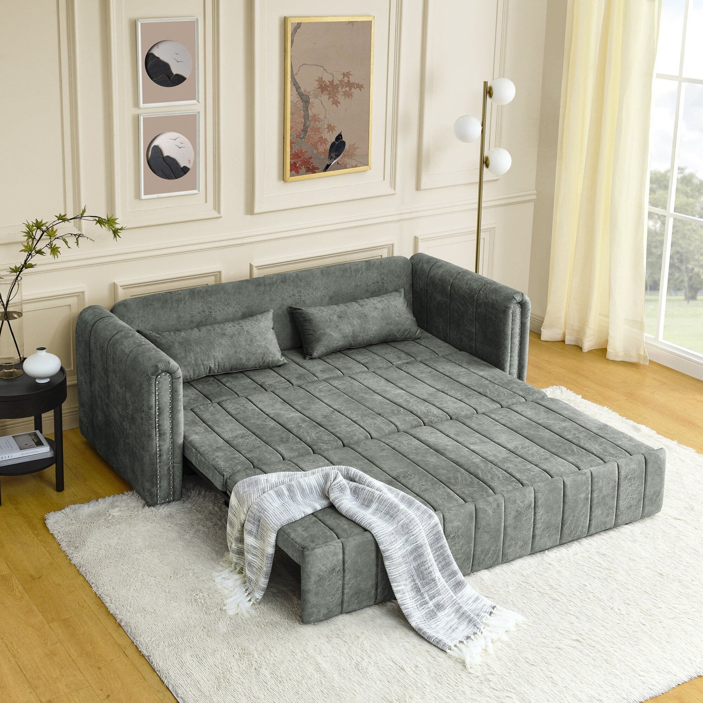 Grey Modern 68 Foam 3 in 1 Pull-Out 3-seaters Bed Sleeper Sofa with Copper Nails and Two Drawers