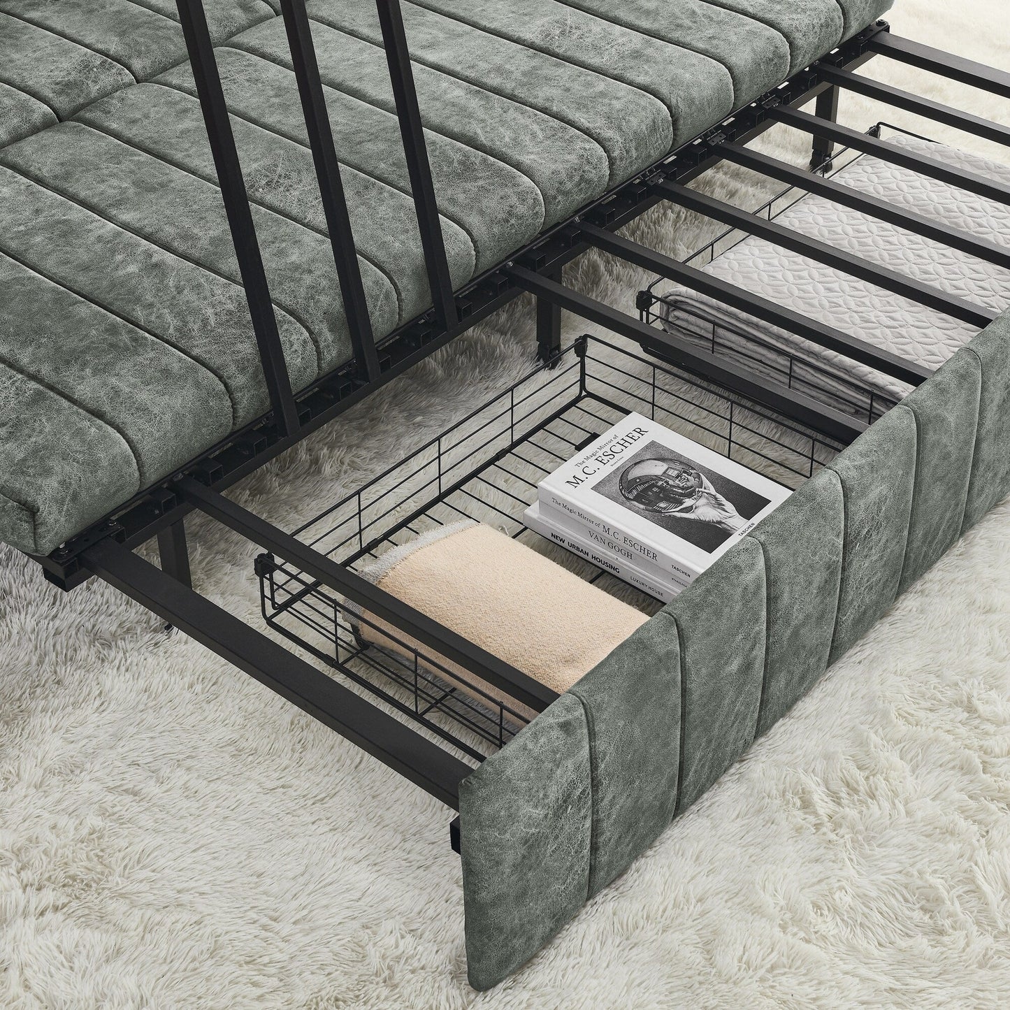 Grey Modern 68 Foam 3 in 1 Pull-Out 3-seaters Bed Sleeper Sofa with Copper Nails and Two Drawers