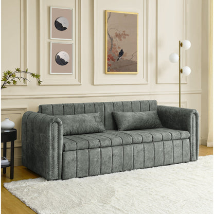 Grey Modern 68 Foam 3 in 1 Pull-Out 3-seaters Bed Sleeper Sofa with Copper Nails and Two Drawers