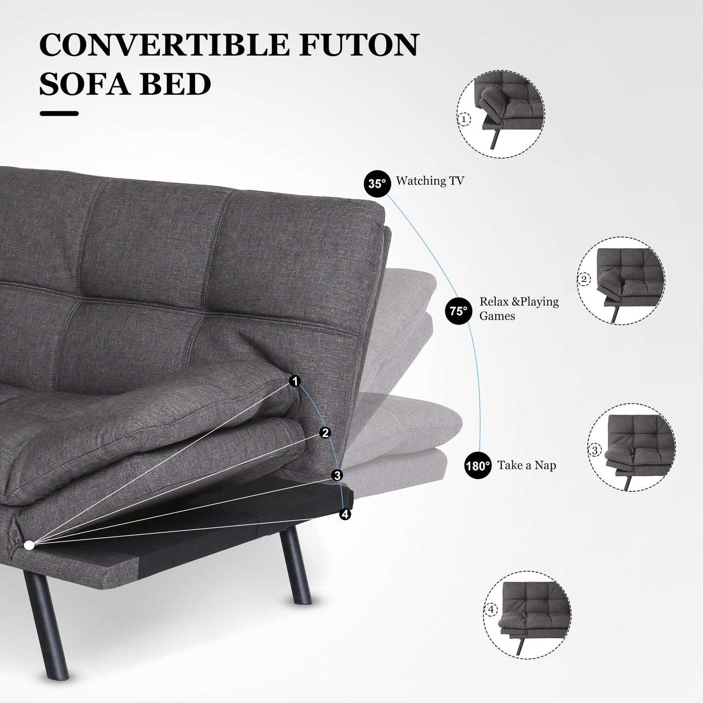 Grey Modern 71 Loveseat Convertible Sofa Bed with Adjustable Backrests and Adjustable Armrests for Living Room