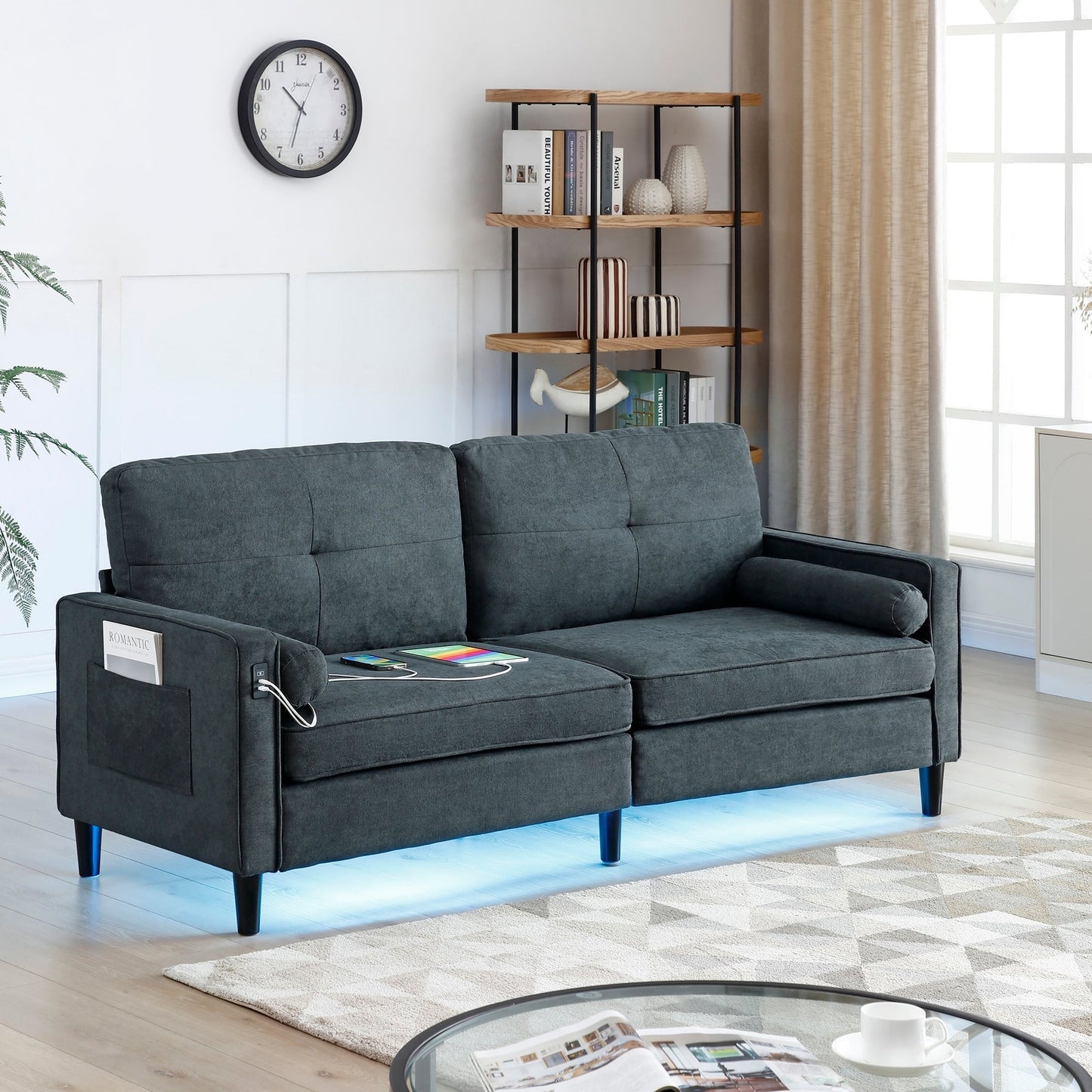 Grey Modern 75.2 Linen 3-seater Sofa with LED Lights and 2 USB Ports for Living Room