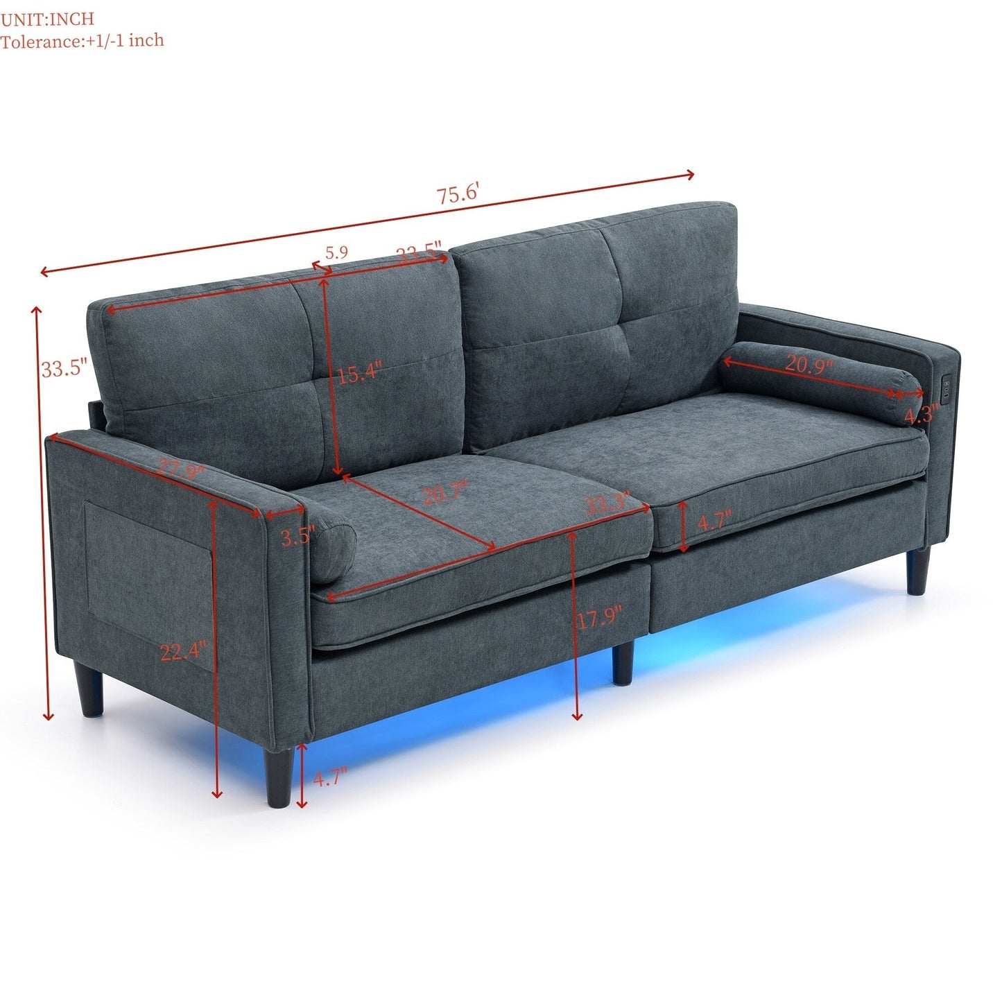 Grey Modern 75.2 Linen 3-seater Sofa with LED Lights and 2 USB Ports for Living Room