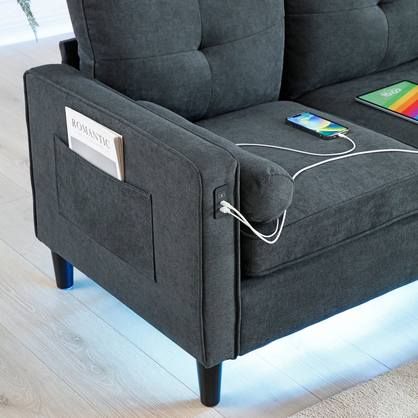 Grey Modern 75.2 Linen 3-seater Sofa with LED Lights and 2 USB Ports for Living Room