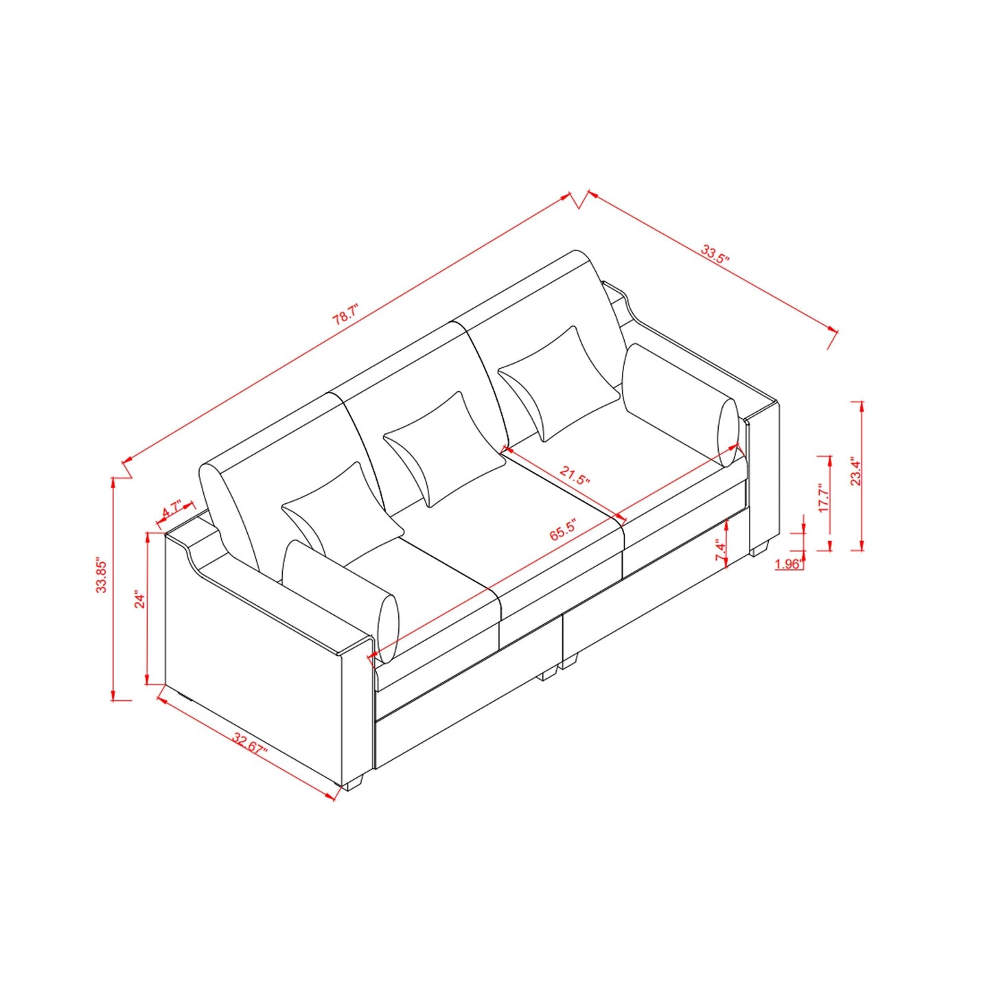 Grey Modern 78.7 Polyester 3-seater Sofa with Pillows and Solid Wood Legs for Living Room