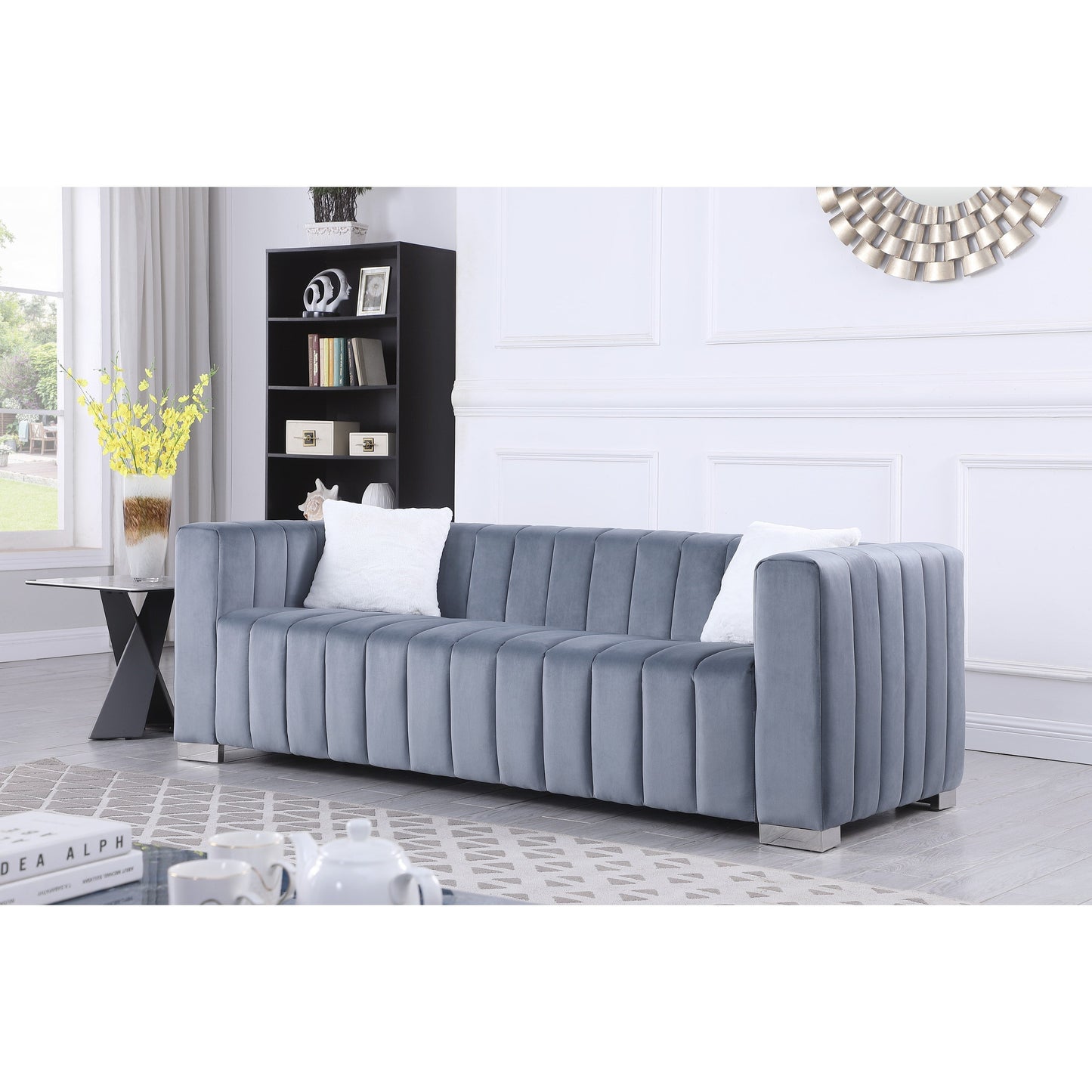 Grey Modern 85.76'' Velvet Channel 3 Seater Sofa Couch, with 2 Pillow, Plush Foam Cushions, Luxurious Upholstered Couch