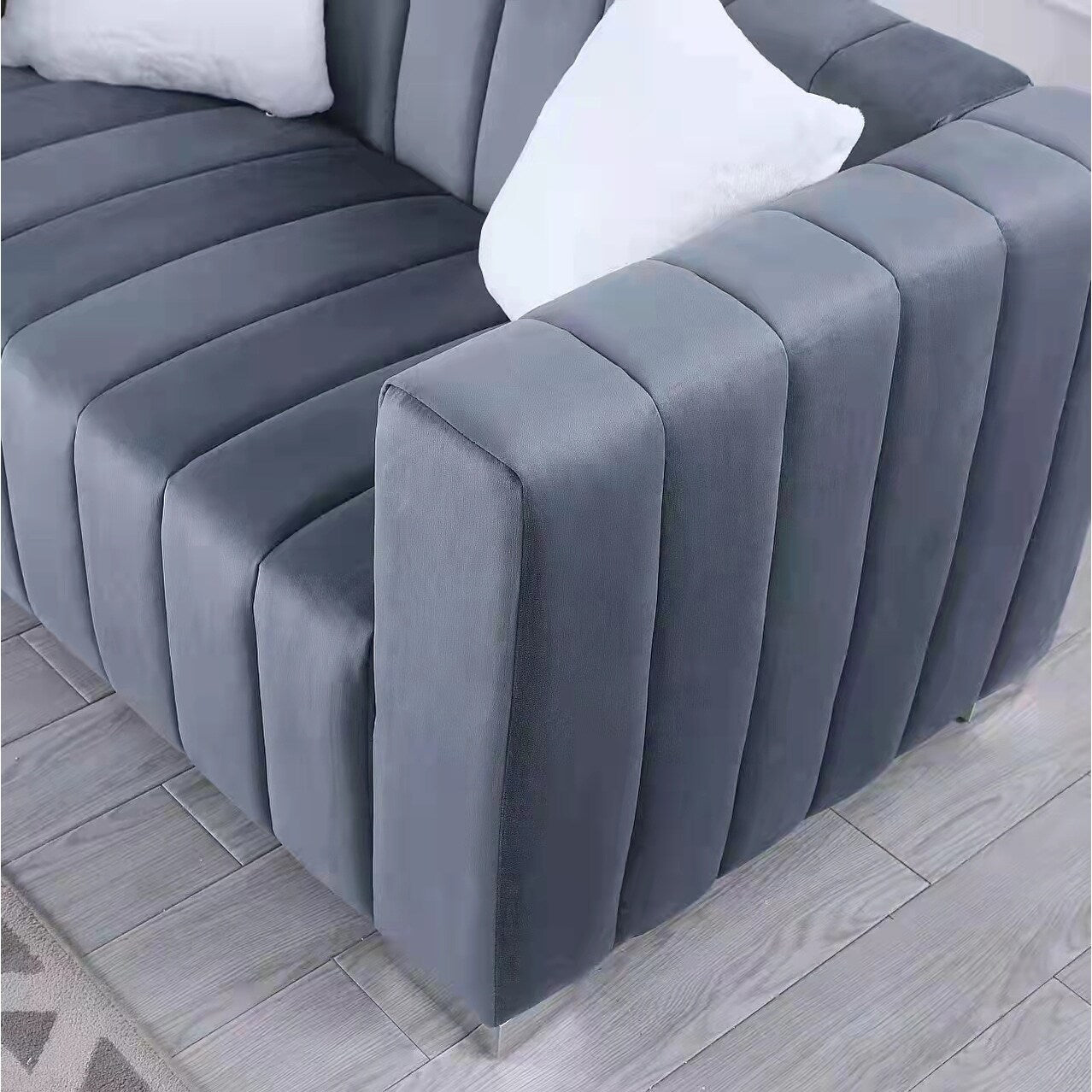 Grey Modern 85.76'' Velvet Channel 3 Seater Sofa Couch, with 2 Pillow, Plush Foam Cushions, Luxurious Upholstered Couch