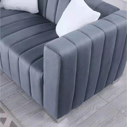 Grey Modern 85.76'' Velvet Channel 3 Seater Sofa Couch, with 2 Pillow, Plush Foam Cushions, Luxurious Upholstered Couch