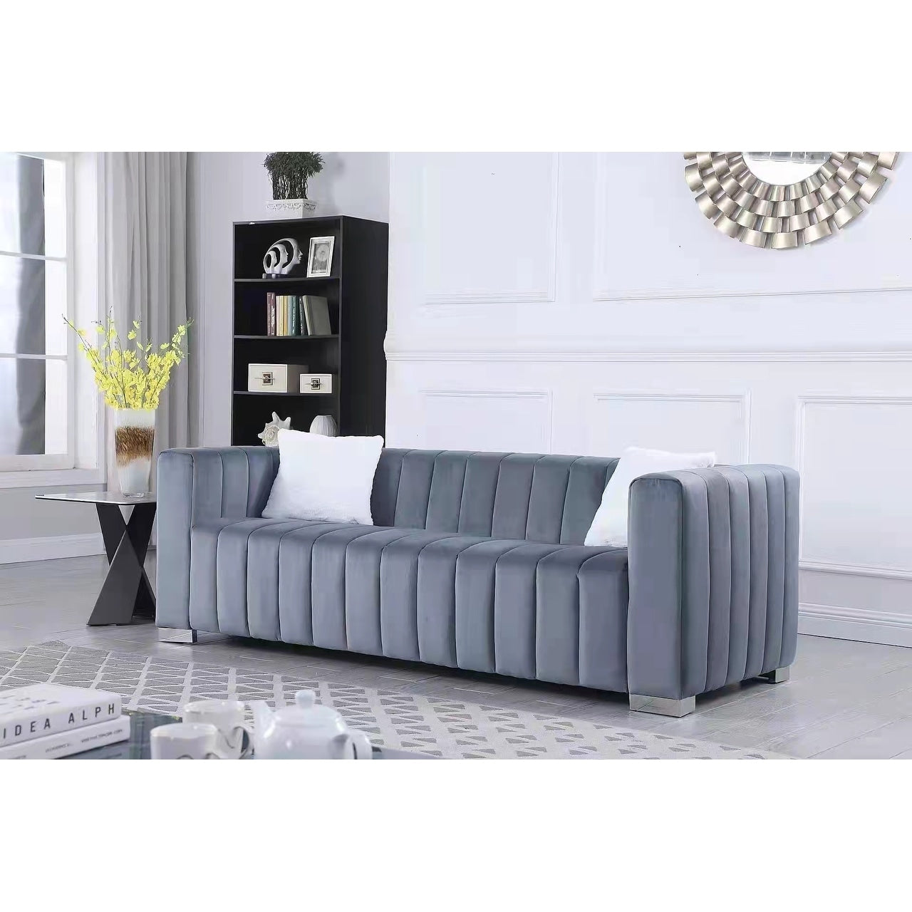 Grey Modern 85.76'' Velvet Channel Sofa with Plush Foam Cushions