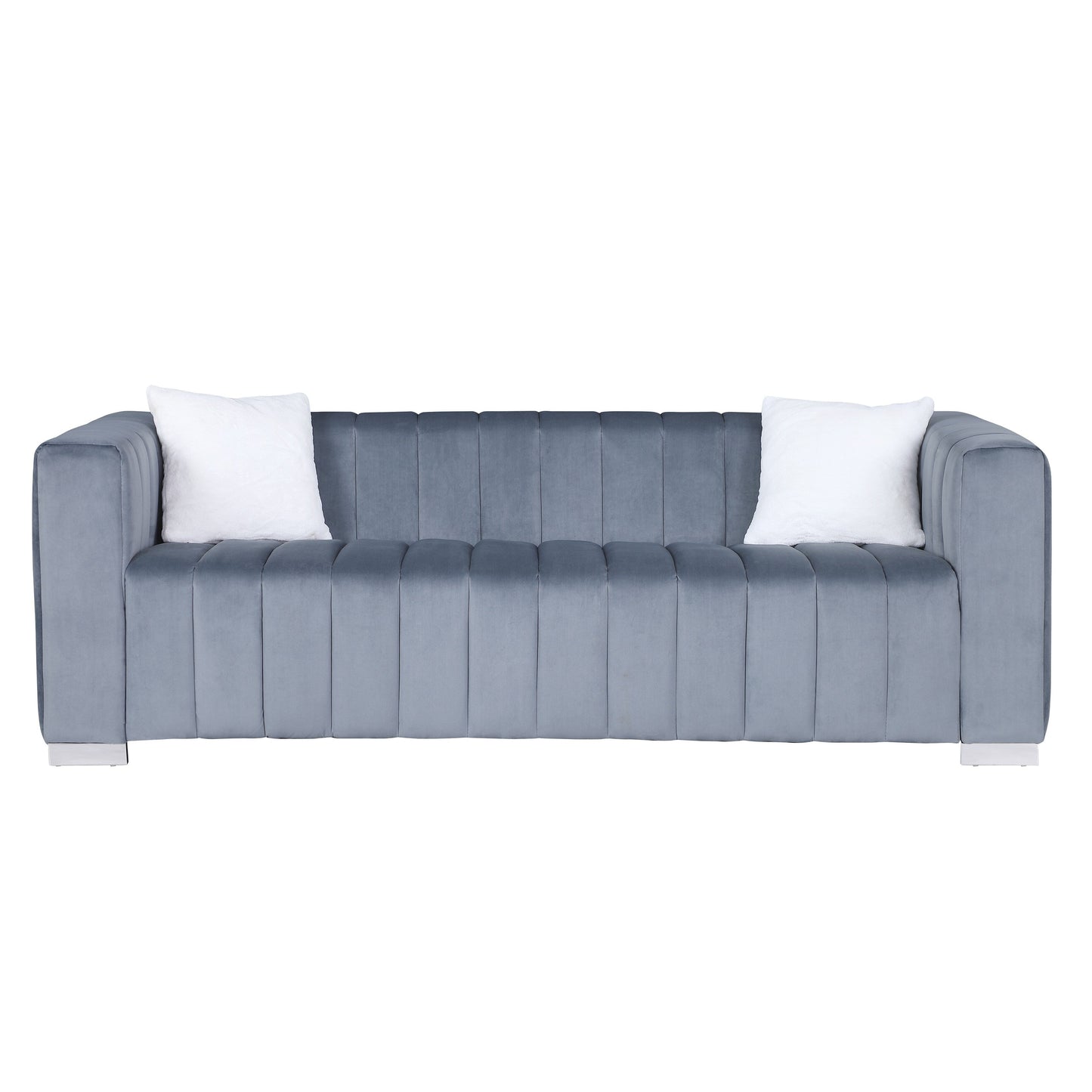 Grey Modern 85.76'' Velvet Channel Sofa with Plush Foam Cushions