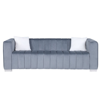 Grey Modern 85.76'' Velvet Channel Sofa with Plush Foam Cushions