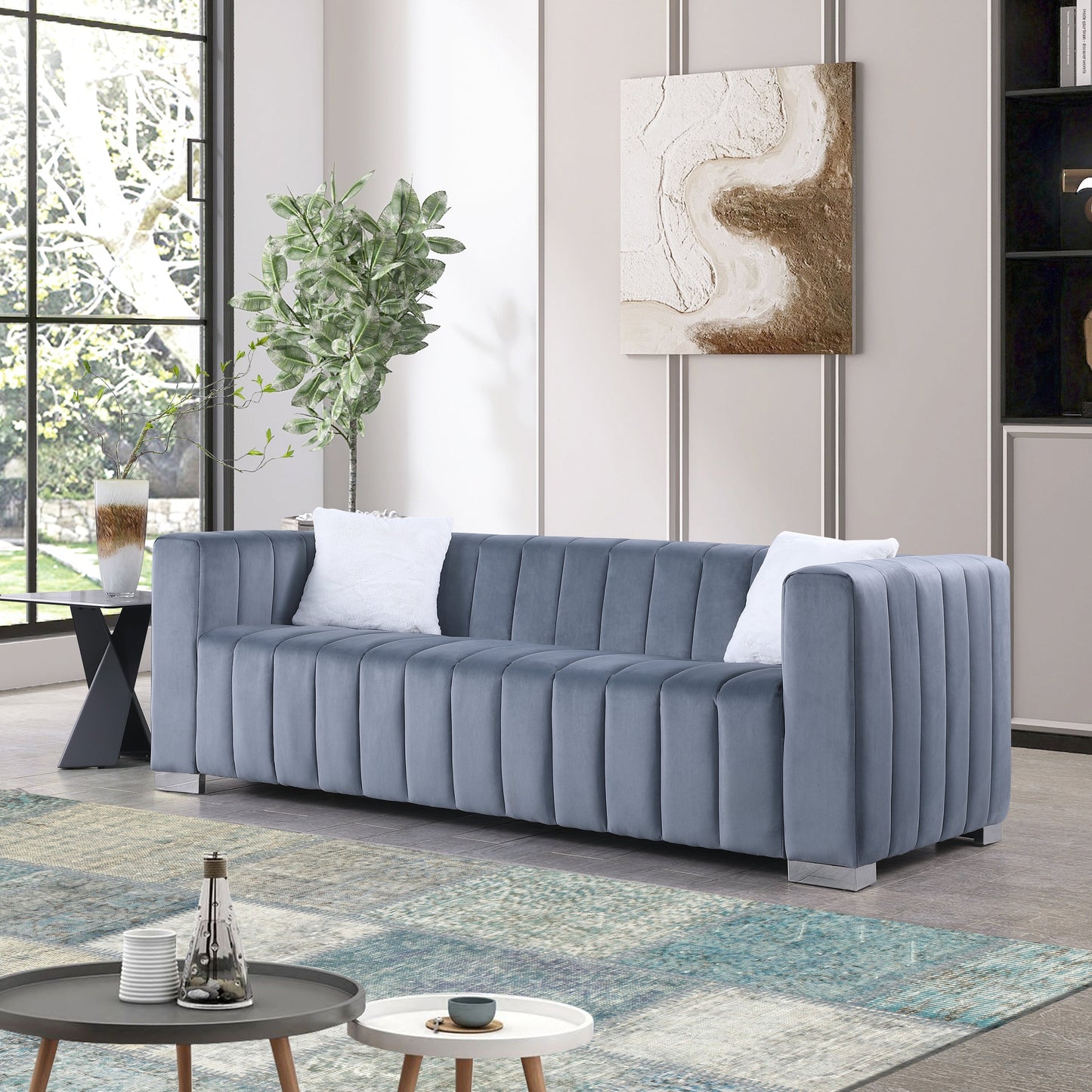 Grey Modern 85.76'' Velvet Channel Sofa with Plush Foam Cushions