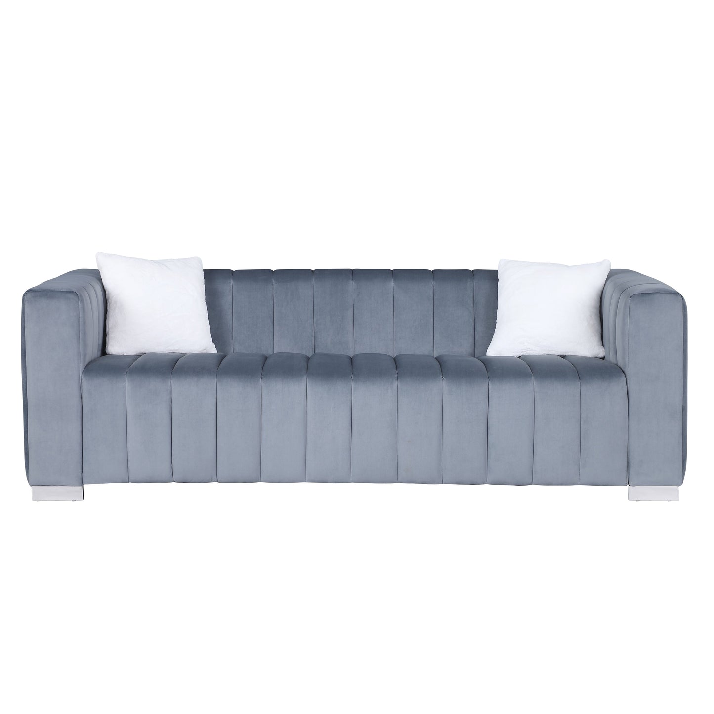 Grey Modern 85.76'' Velvet Channel-Tufted 3-Seater Sofa with 2 Pillows and Plush Foam Cushions