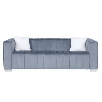 Grey Modern 85.76'' Velvet Channel-Tufted 3-Seater Sofa with 2 Pillows and Plush Foam Cushions