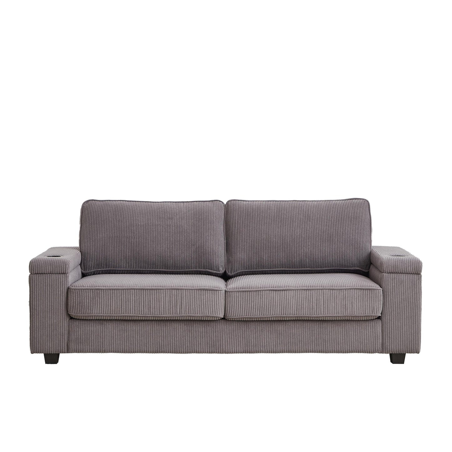 Grey Modern 86.5 Corduroy 3-seater Sofa with Two Storage Spaces and USB Charging Ports and 2 Cup Holders