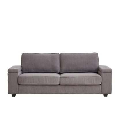 Grey Modern 86.5 Corduroy 3-seater Sofa with Two Storage Spaces and USB Charging Ports and 2 Cup Holders